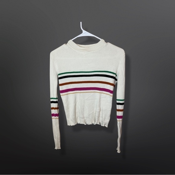 BP. Mock Neck Ruffled Long Sleeved Striped Turtleneck Cropped Sweater Size XS - Picture 1 of 6
